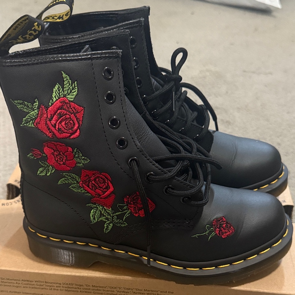 Dr. Martens Black Boots with Red Rose Embroidery